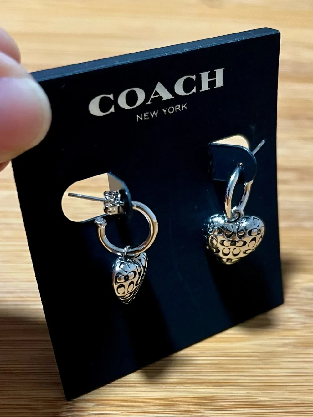 Coach Silver Tone Earrings 3D Hearts w/ Signature C Logos Huggie Hoop Dangle